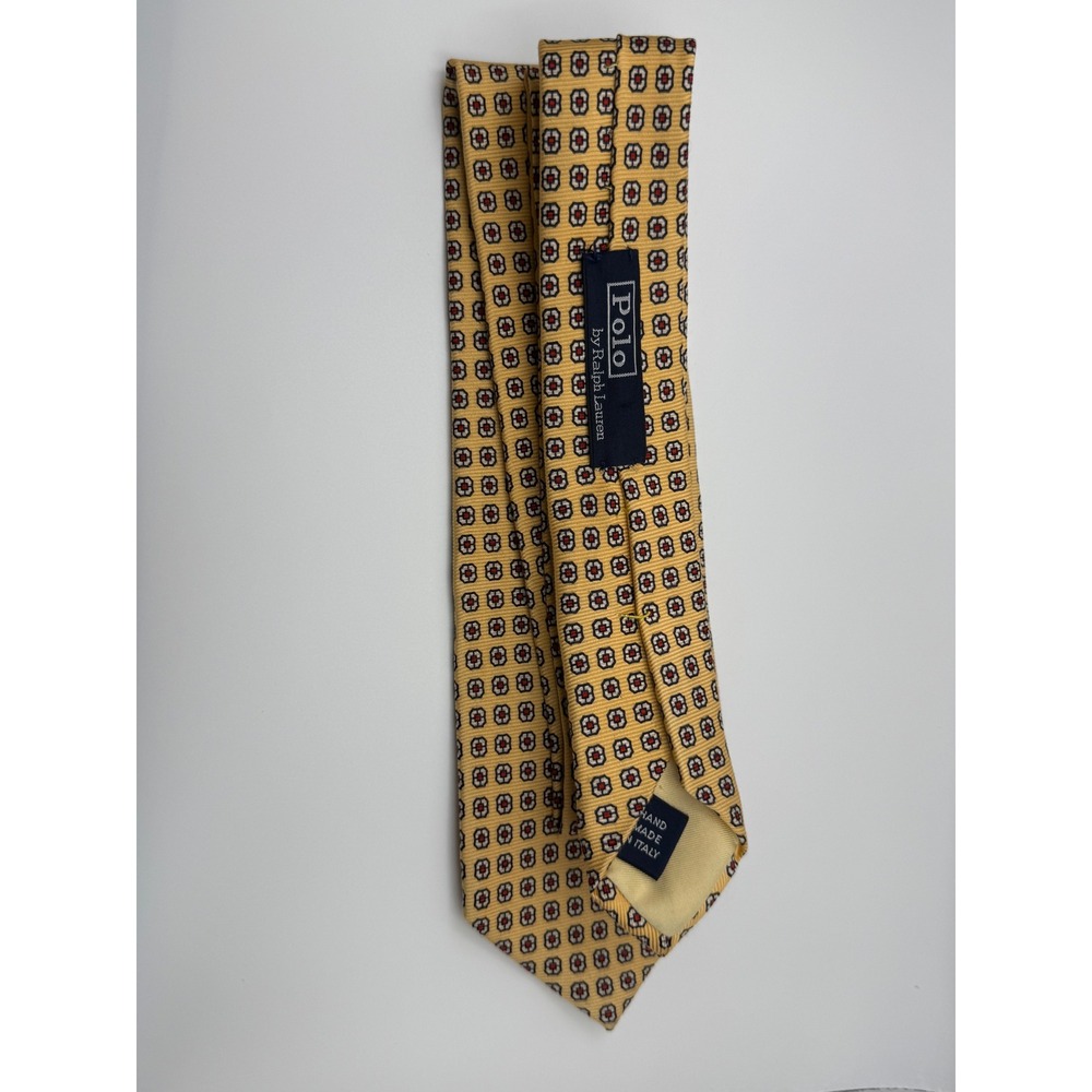 Polo Ralph Lauren Silk Tie 3.75" Yellow Medallion Geometric Italian Handmade